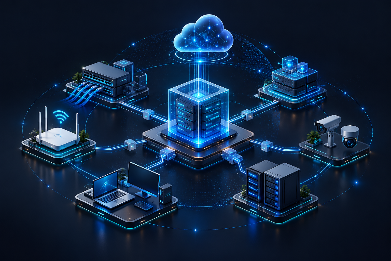 3D isometric illustration of cloud network infrastructure showing a central server core, cloud connectivity, network switches, and security hardware on a dark navy background